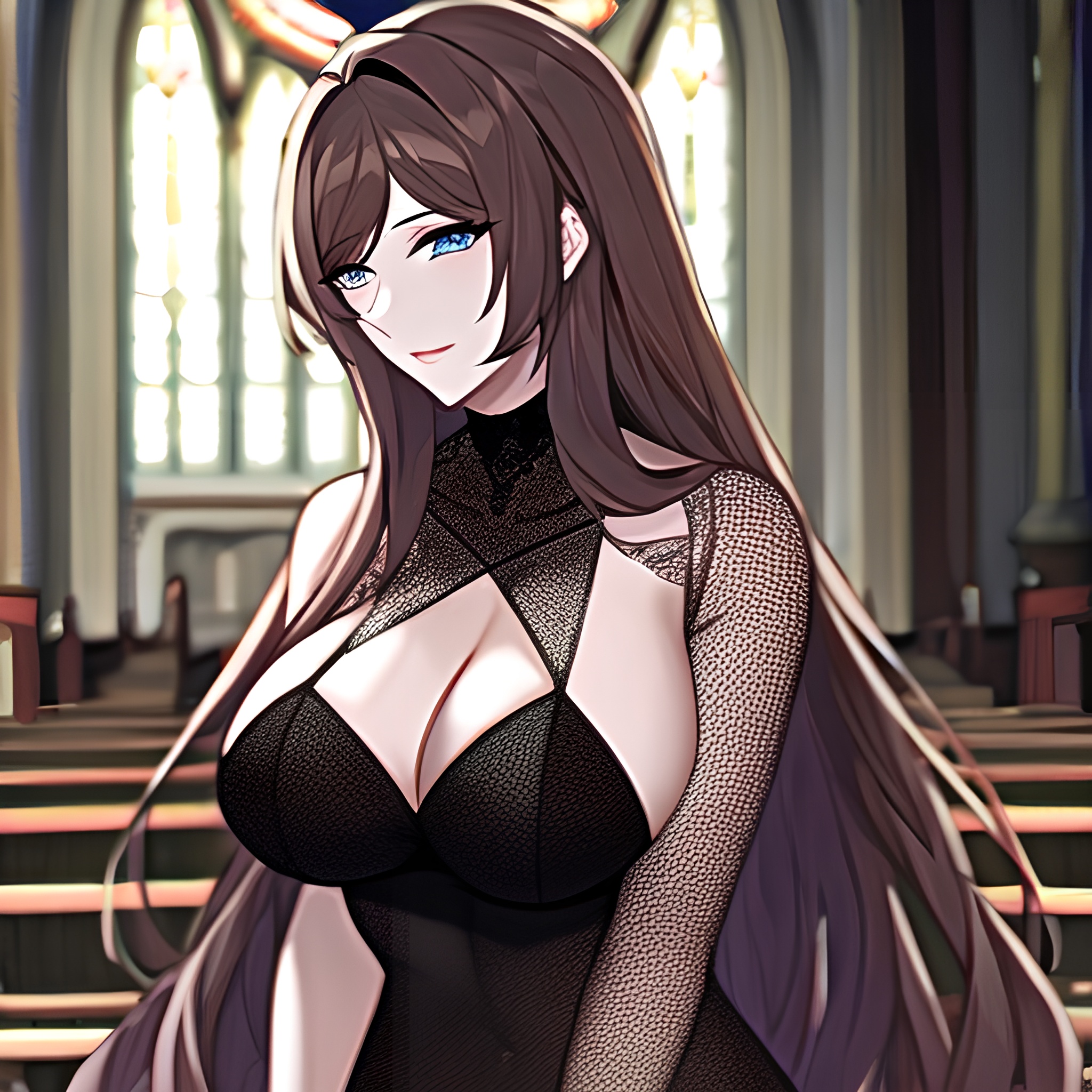 messy hair brunette fishnet long hair church woman 