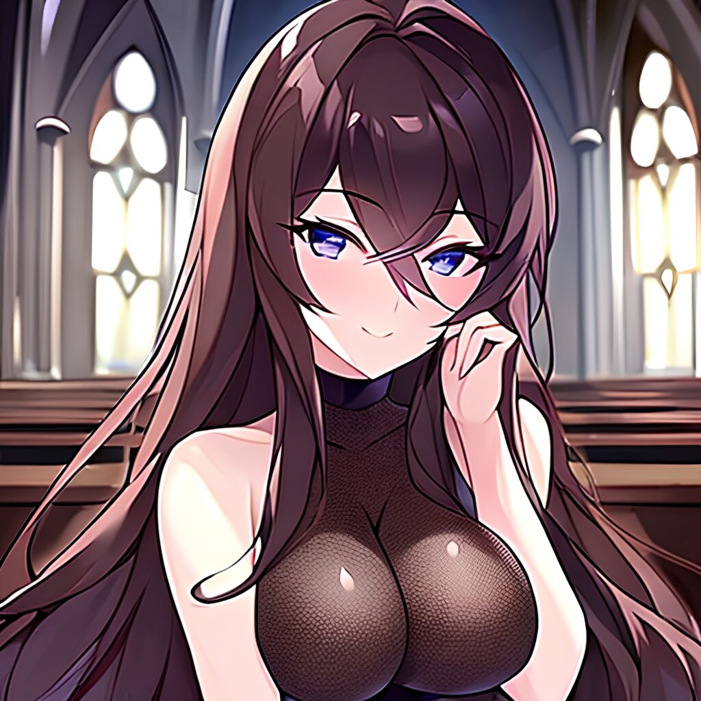 messy hair brunette fishnet long hair church woman 