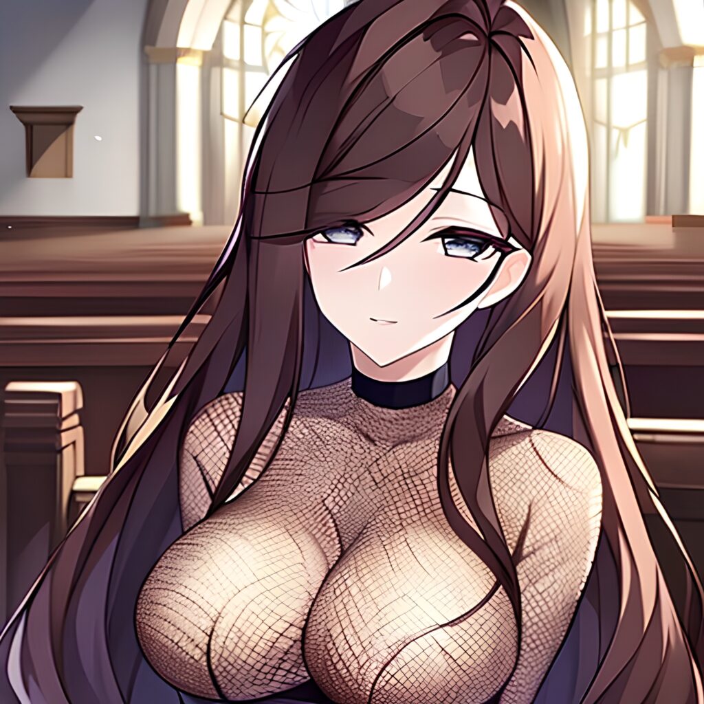 messy hair brunette fishnet long hair church woman