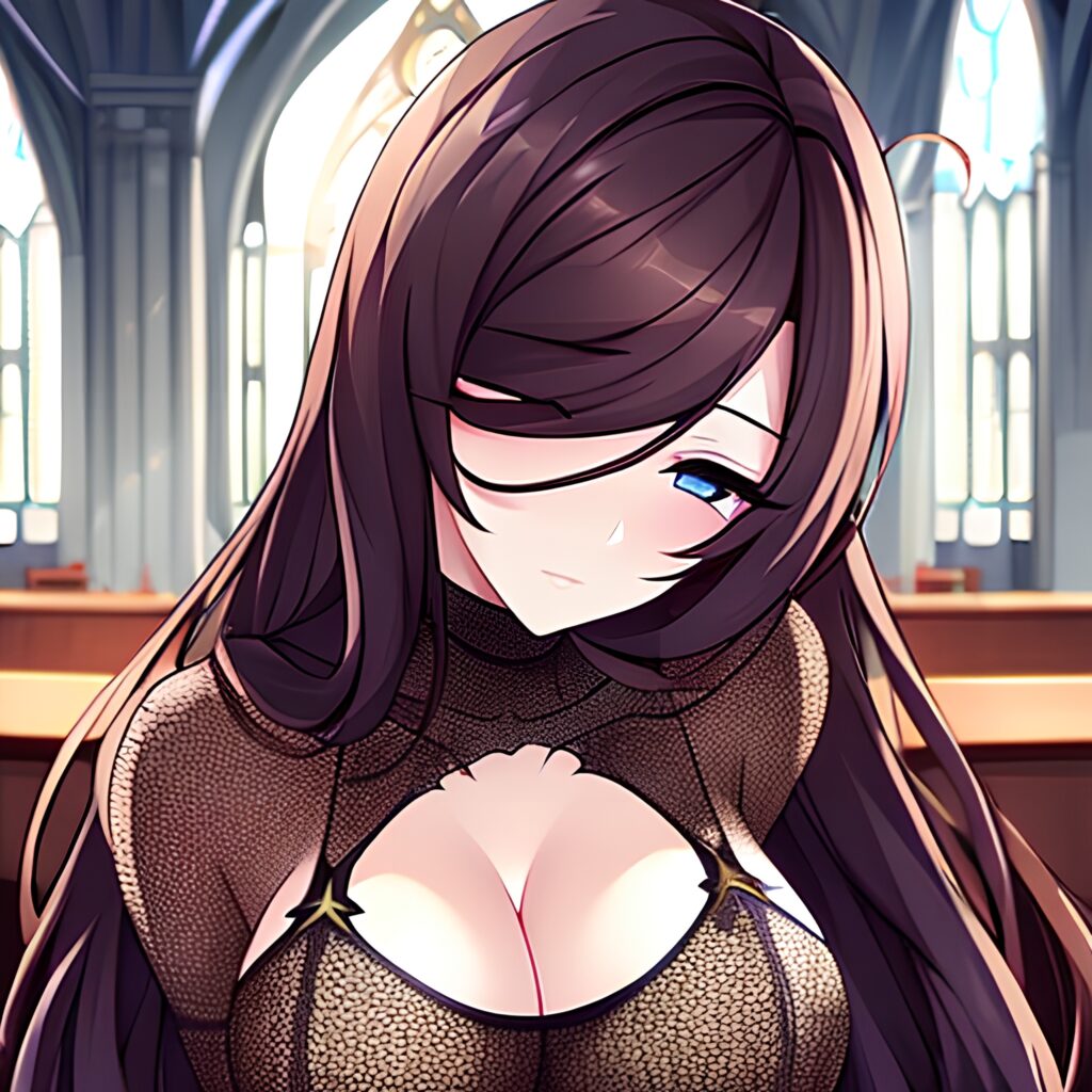 messy hair brunette fishnet long hair woman church
