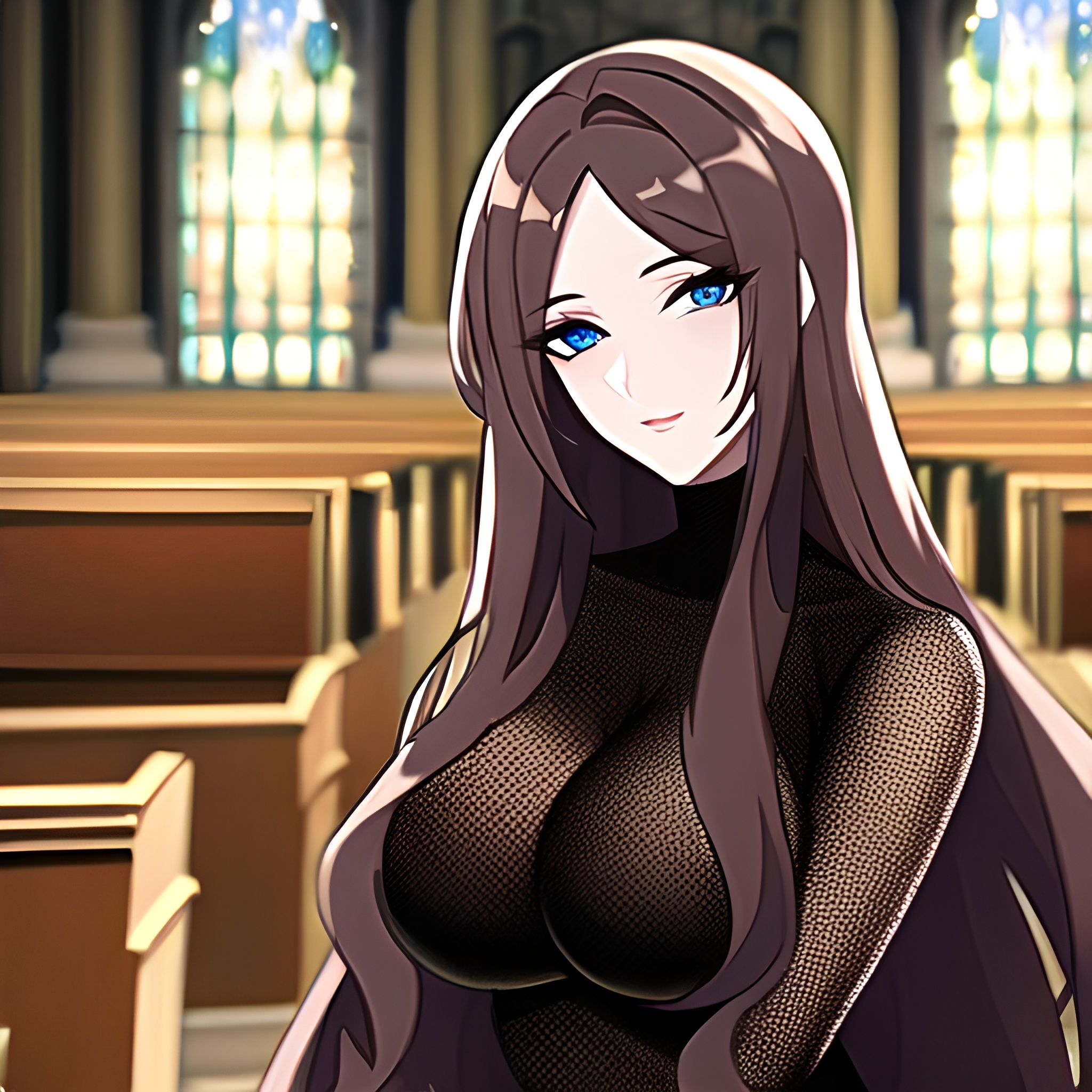 messy hair brunette fishnet long hair woman church 