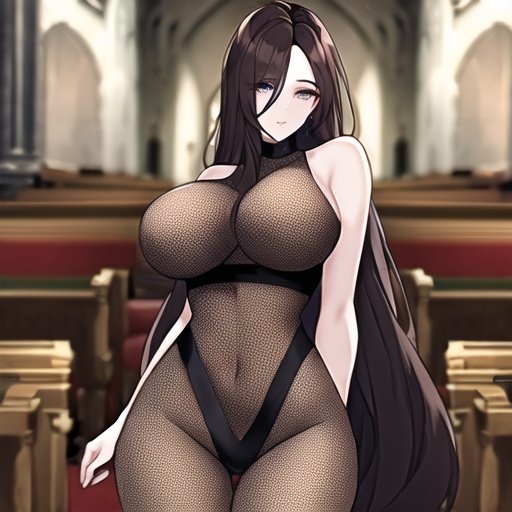 messy hair brunette fishnet long hair woman church