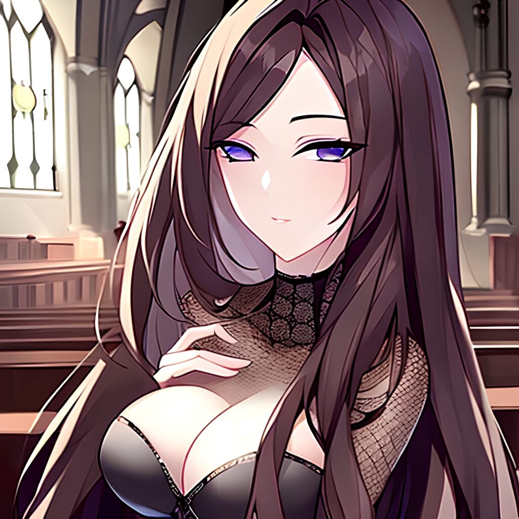 messy hair brunette fishnet woman church long hair