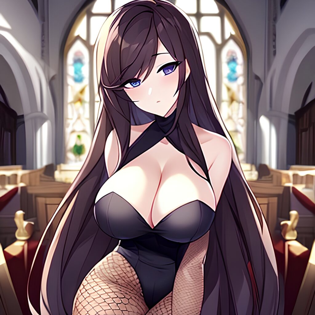 messy hair brunette fishnet woman church long hair