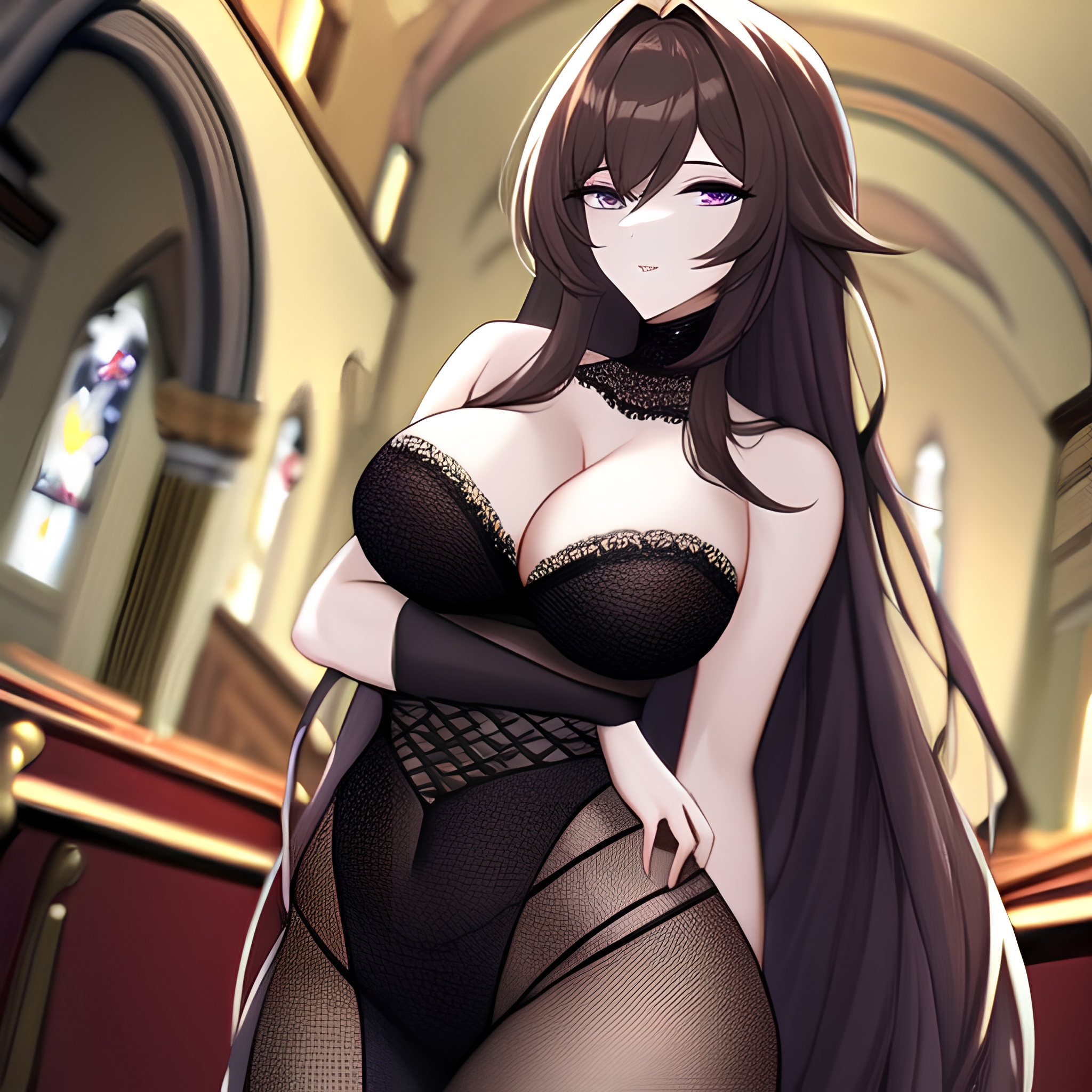 messy hair brunette fishnet woman church long hair 