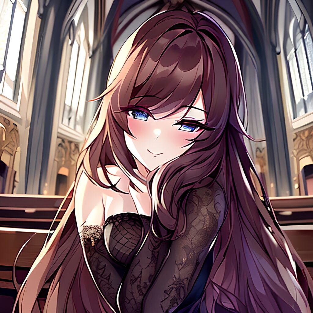 messy hair brunette fishnet woman church long hair 