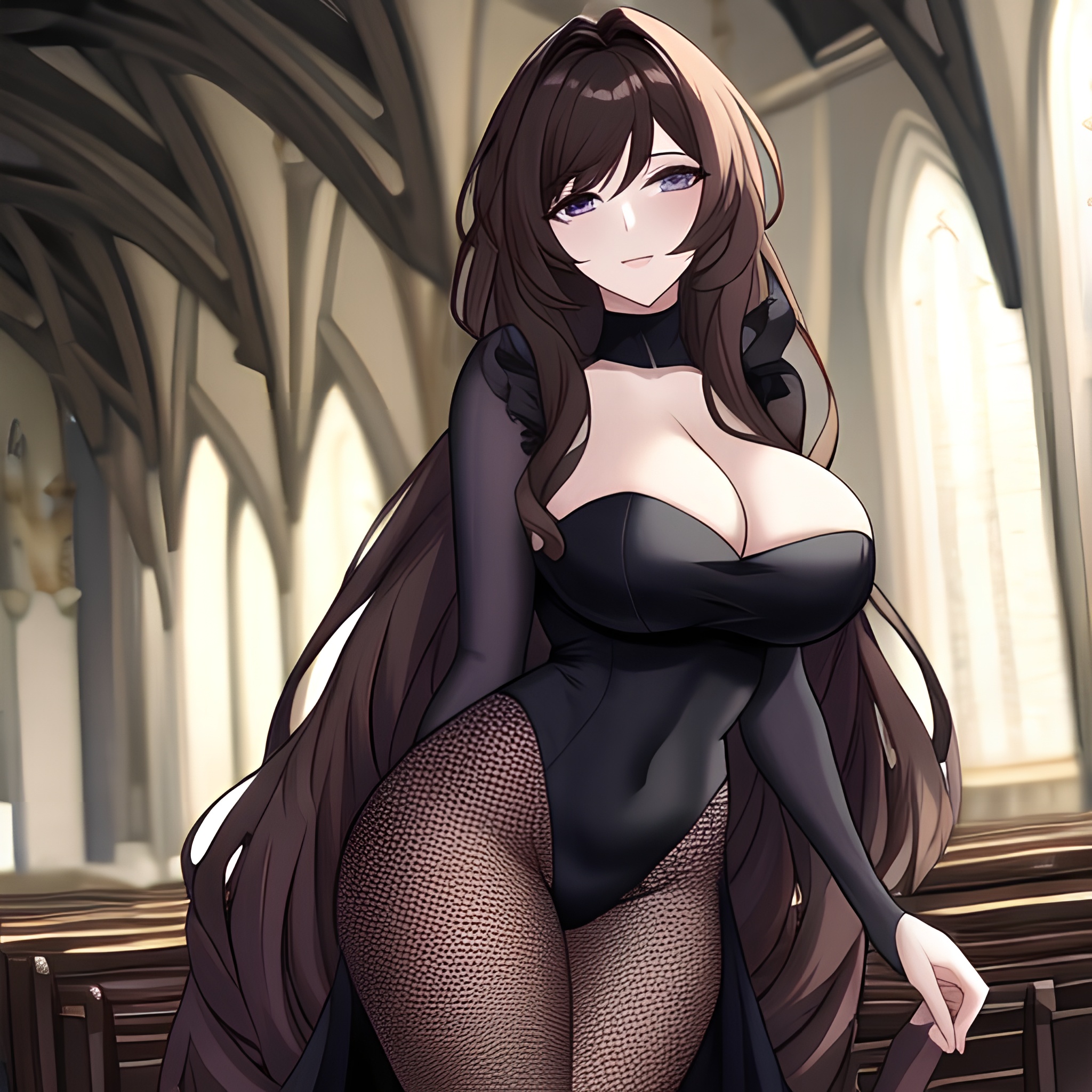 messy hair brunette fishnet woman long hair church 