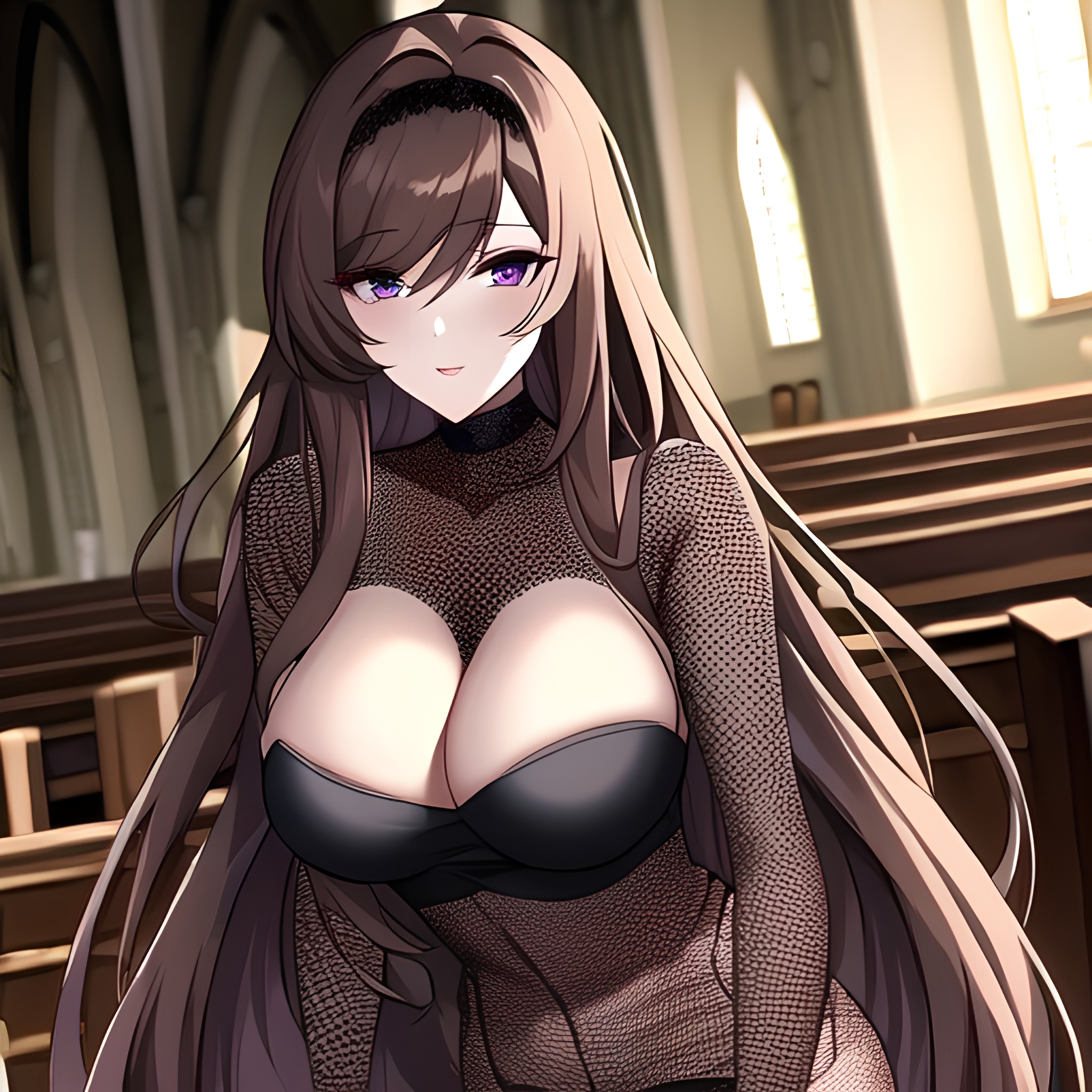 messy hair brunette fishnet woman long hair church 