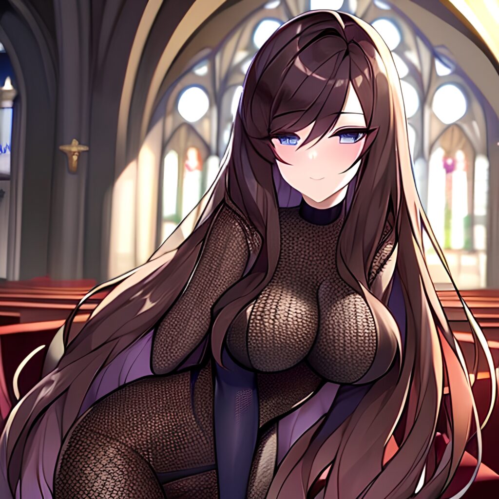 messy hair brunette long hair church fishnet woman
