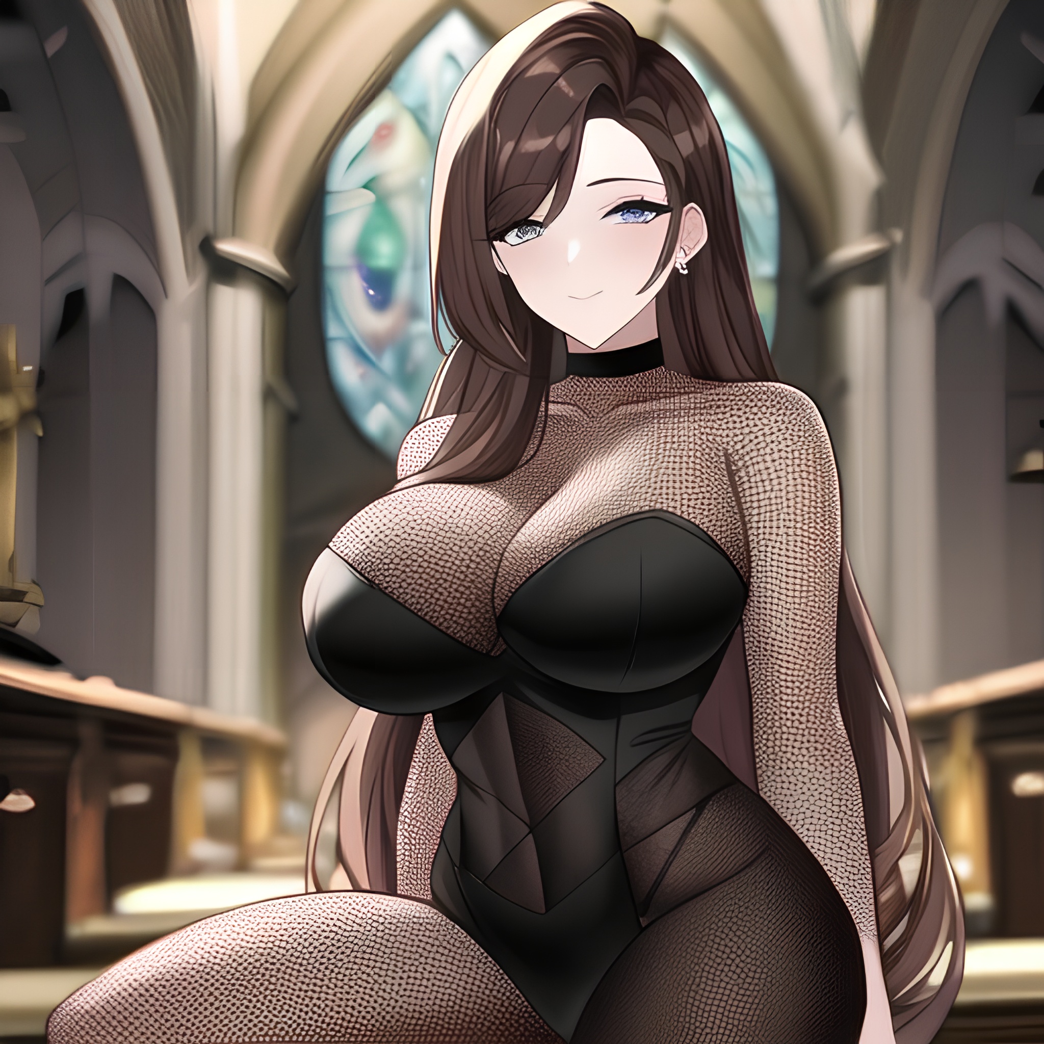 messy hair brunette long hair church fishnet woman 