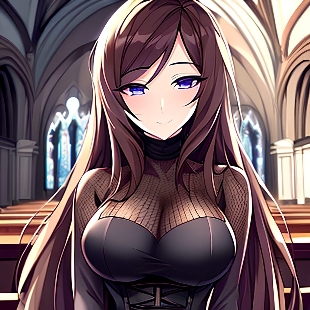messy hair brunette long hair church woman fishnet