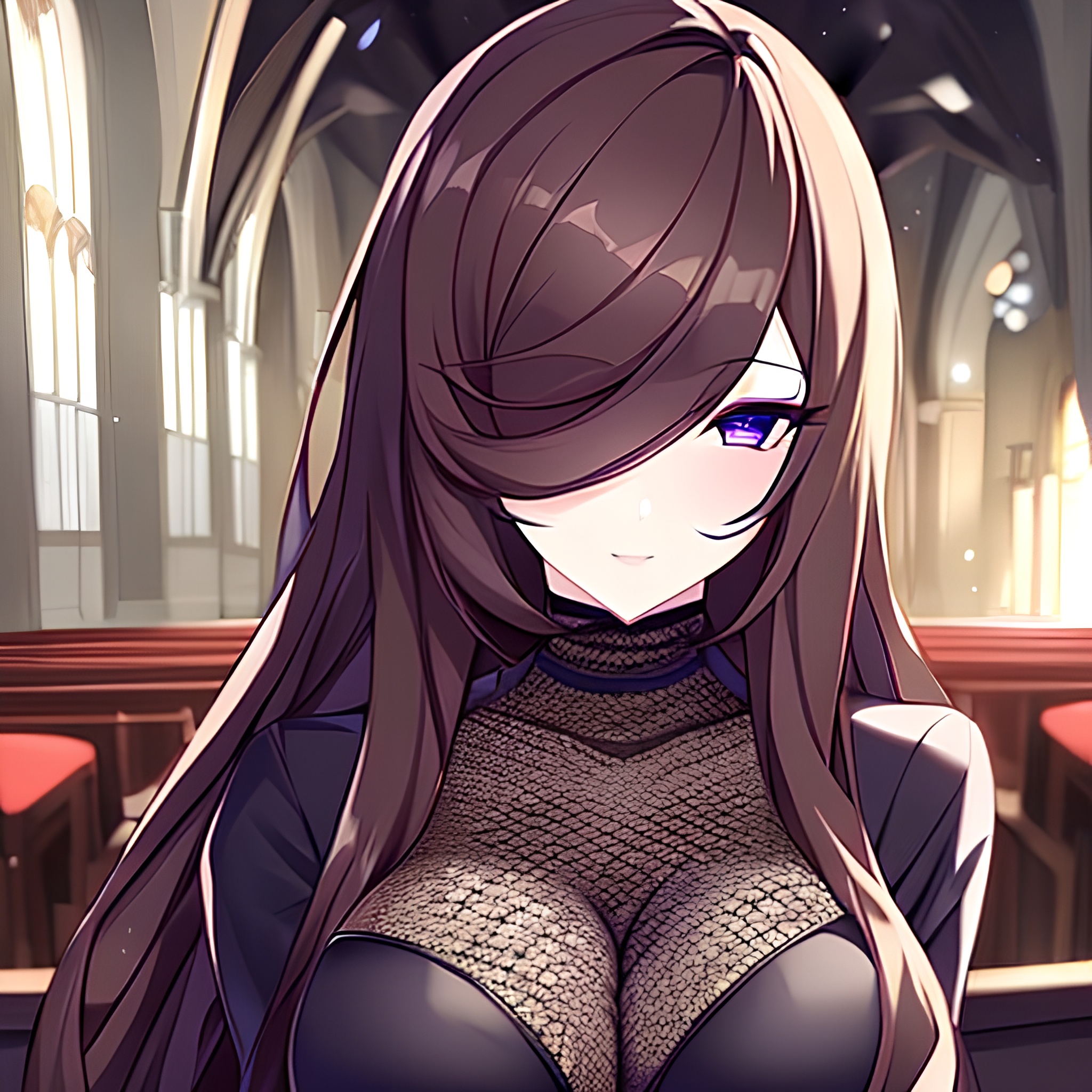 messy hair brunette long hair church woman fishnet