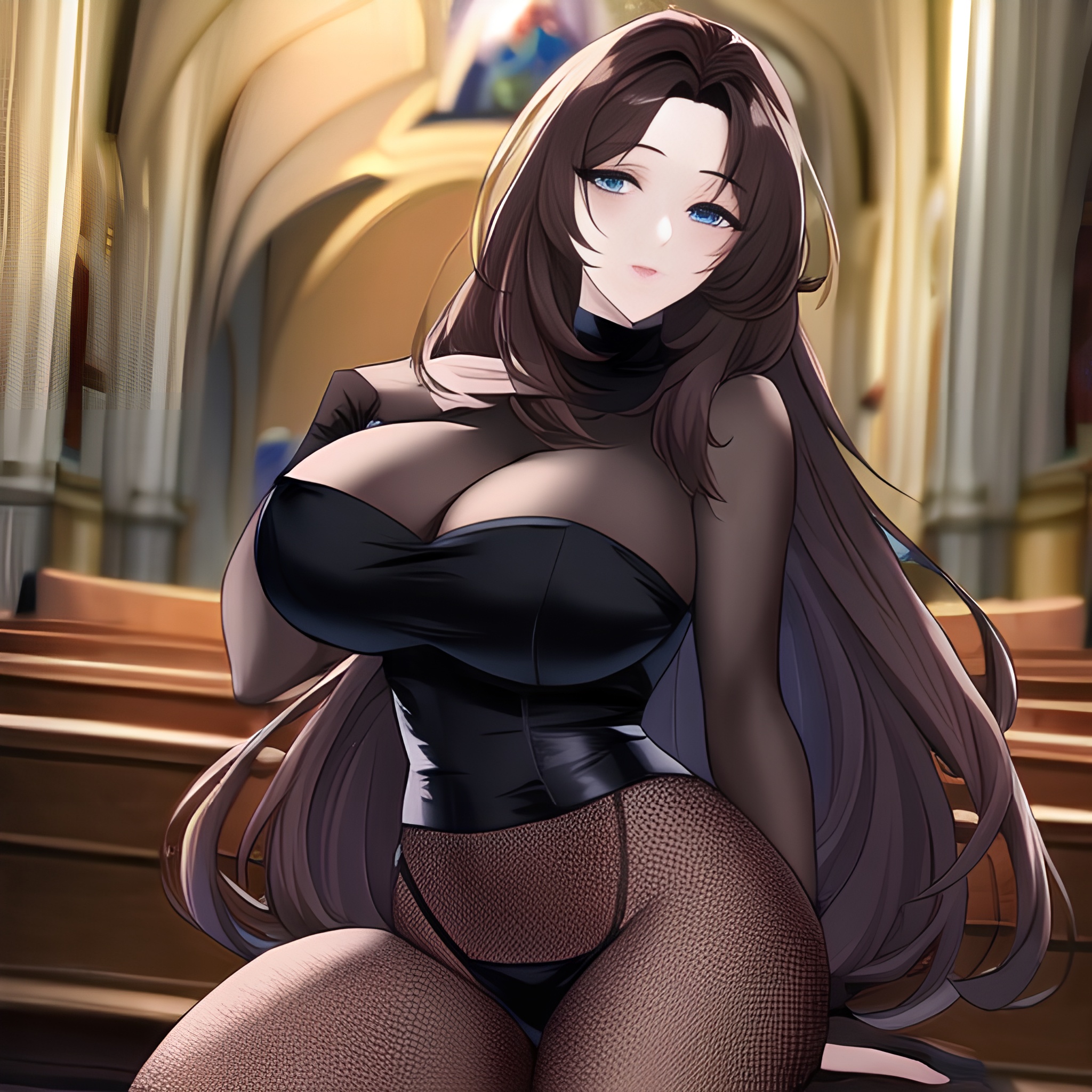 messy hair brunette long hair church woman fishnet