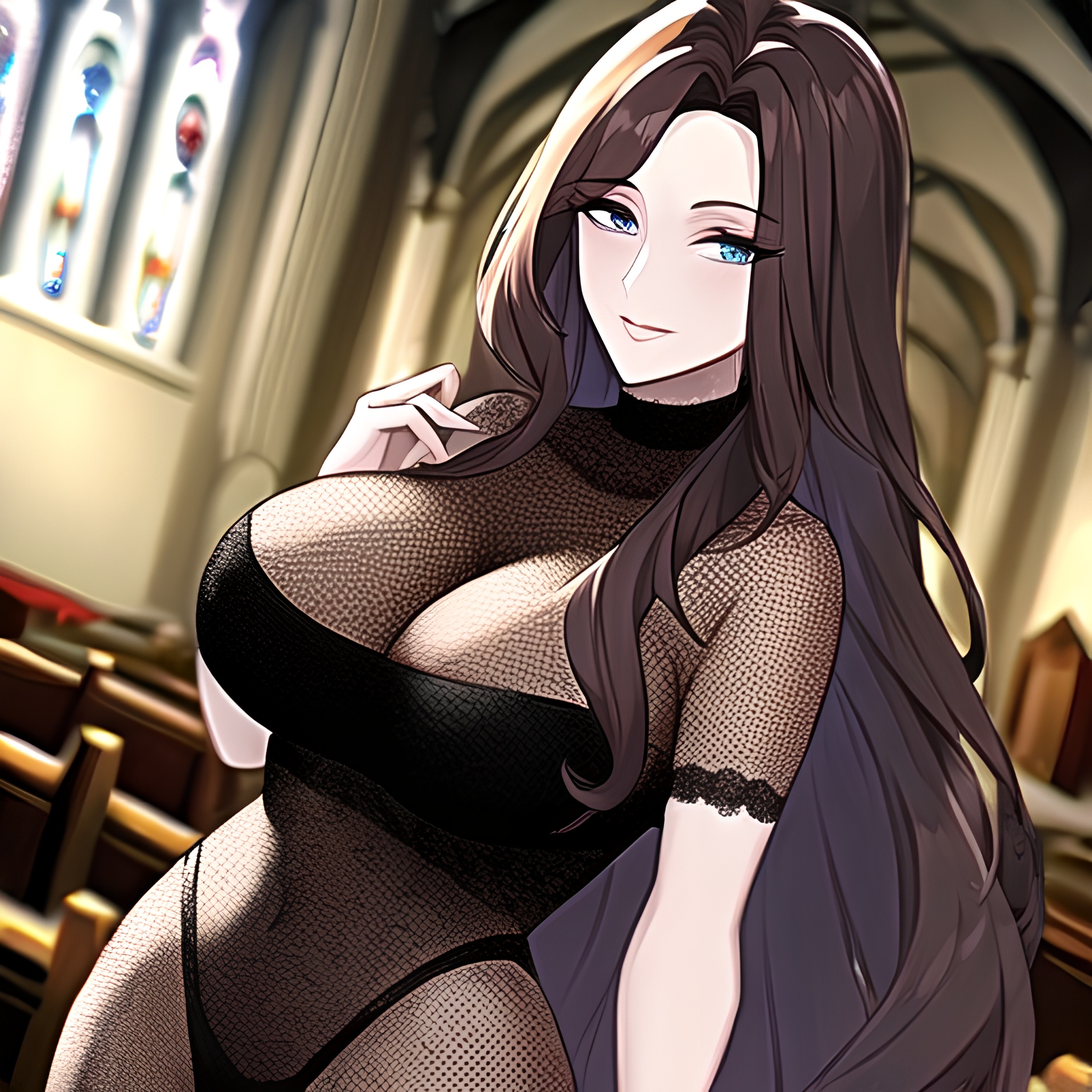 messy hair brunette long hair church woman fishnet