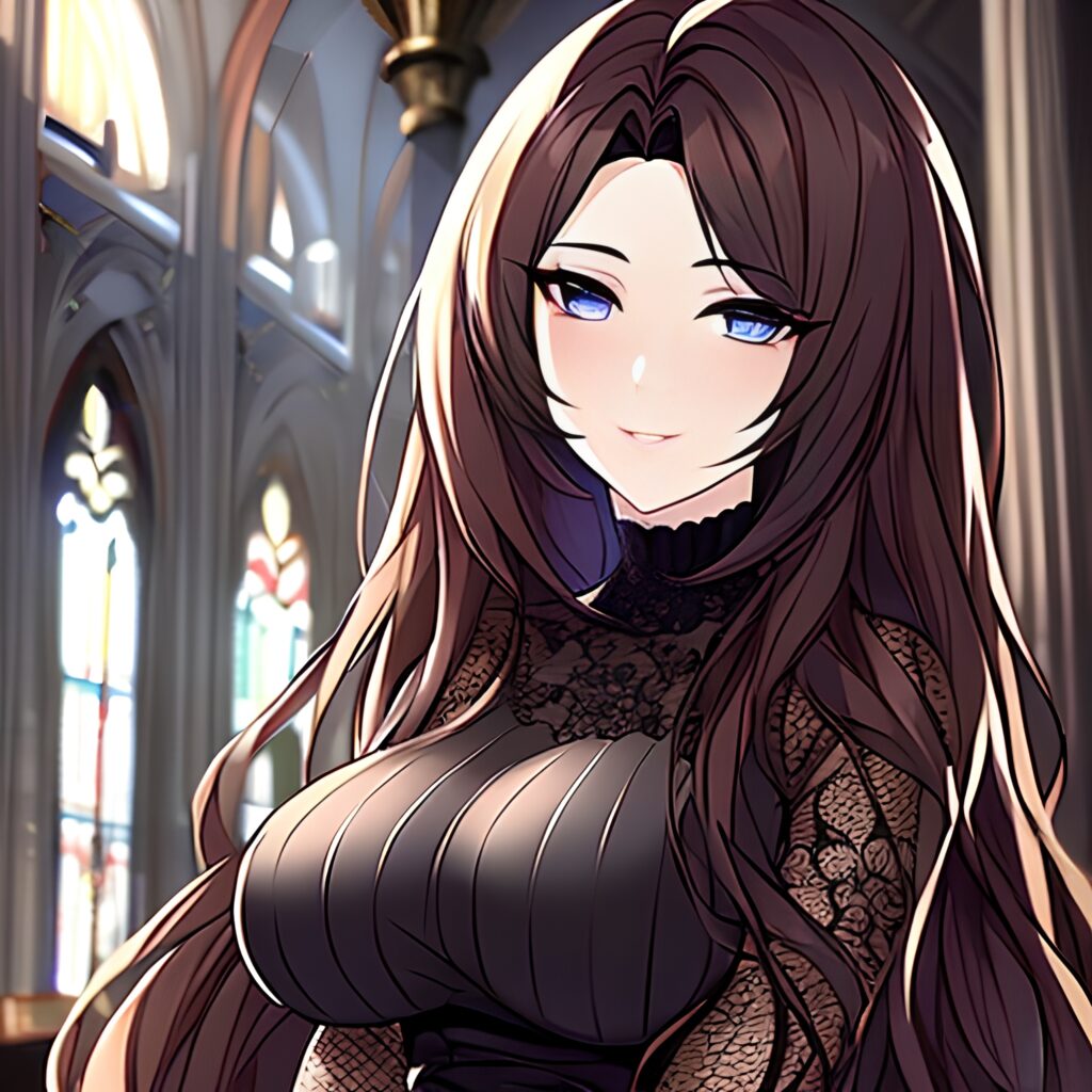 messy hair brunette long hair church woman fishnet