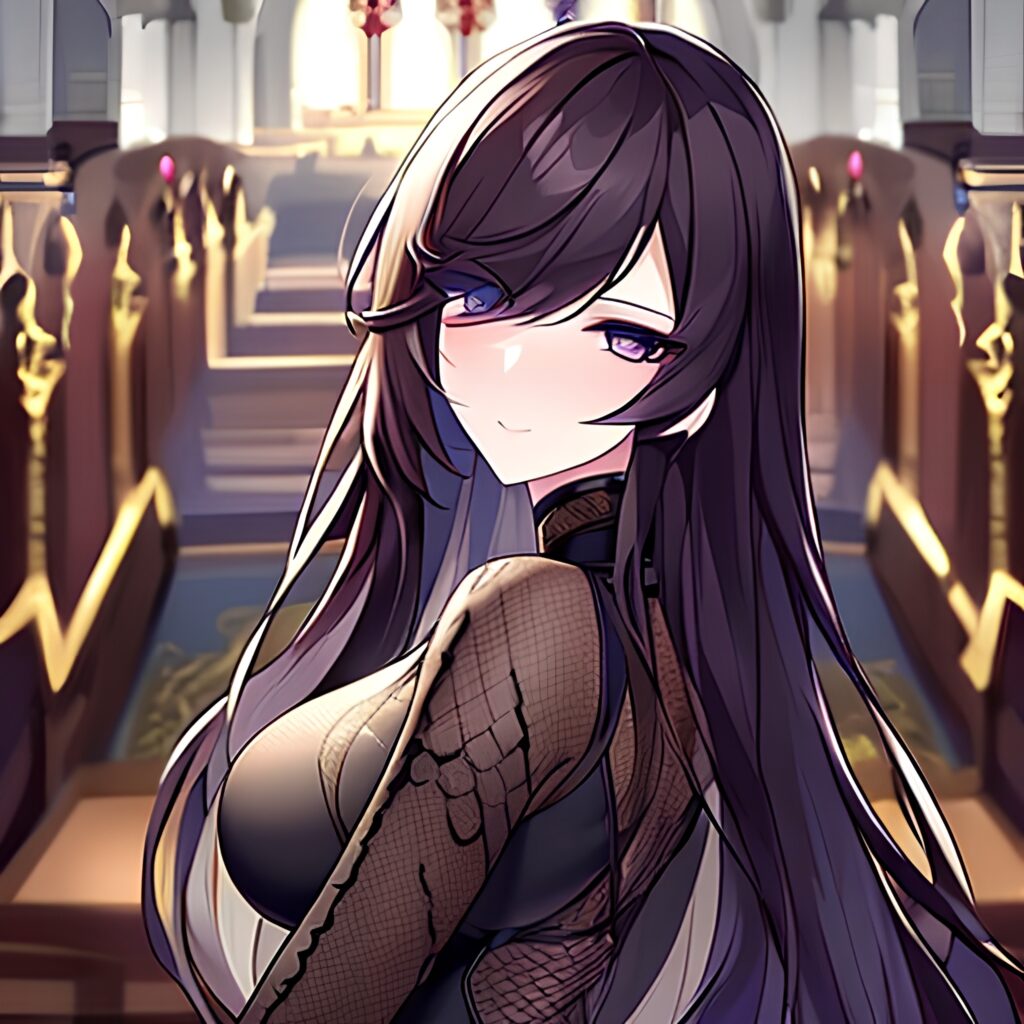 messy hair brunette long hair fishnet church woman 