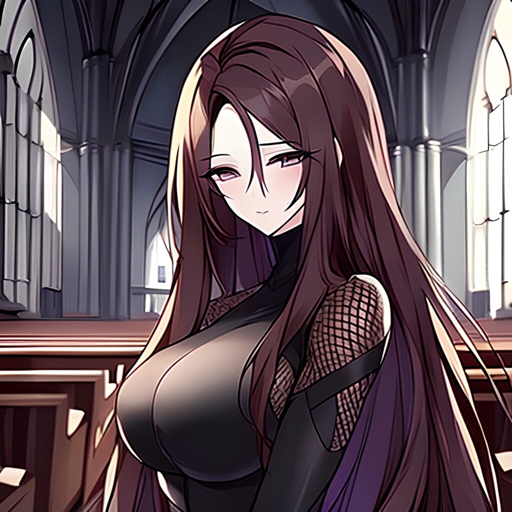 messy hair brunette long hair fishnet church woman