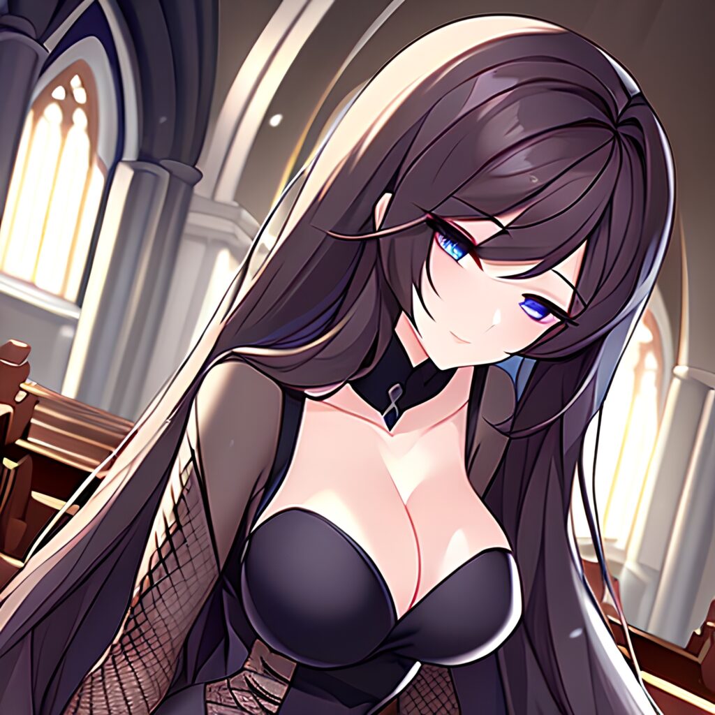 messy hair brunette long hair fishnet church woman