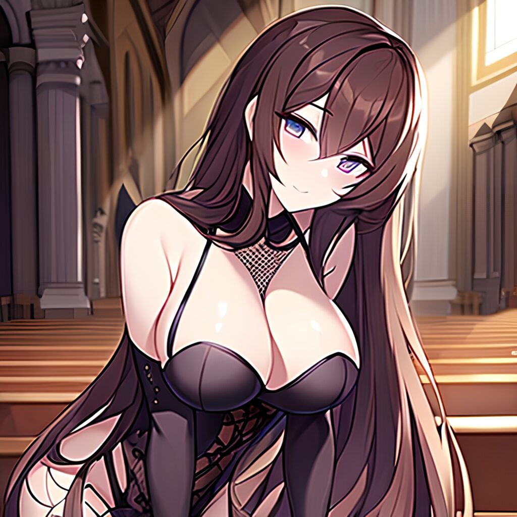messy hair brunette long hair woman church fishnet 