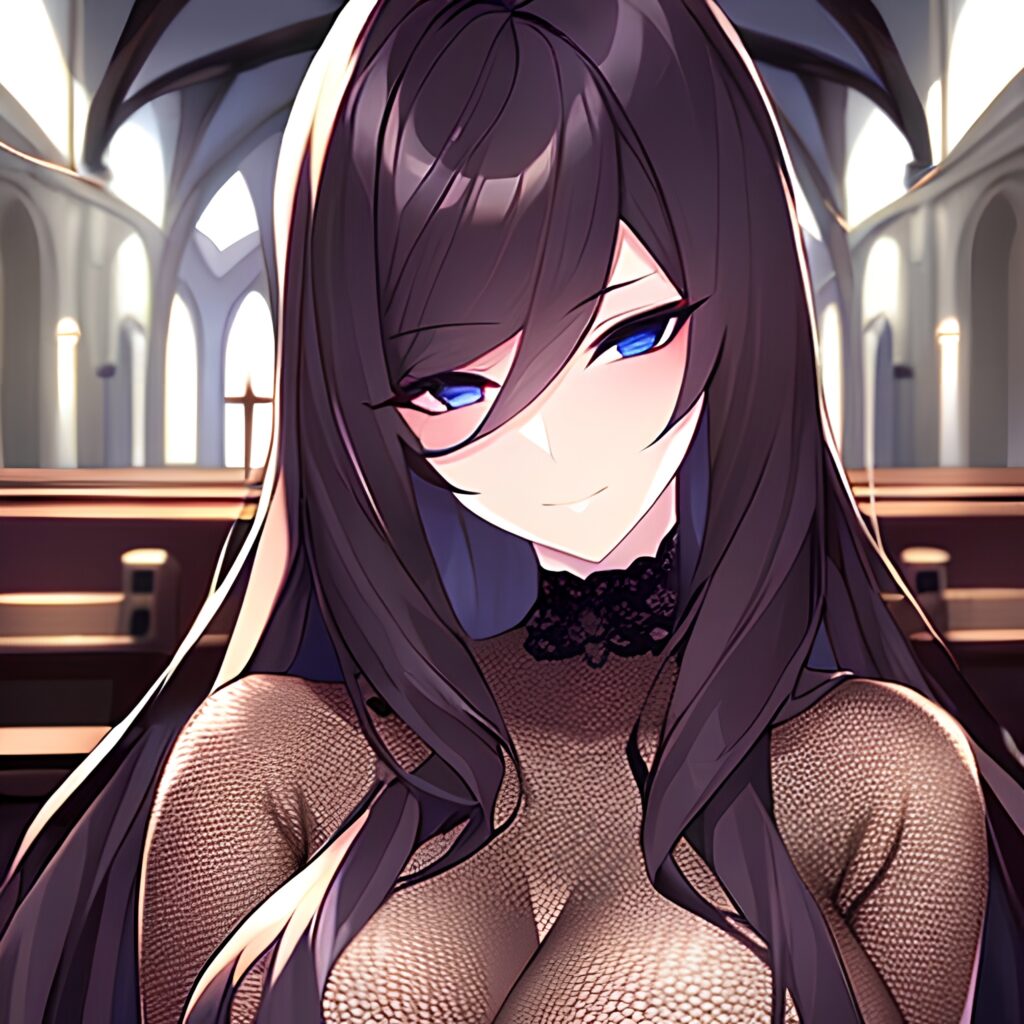 messy hair brunette long hair woman church fishnet