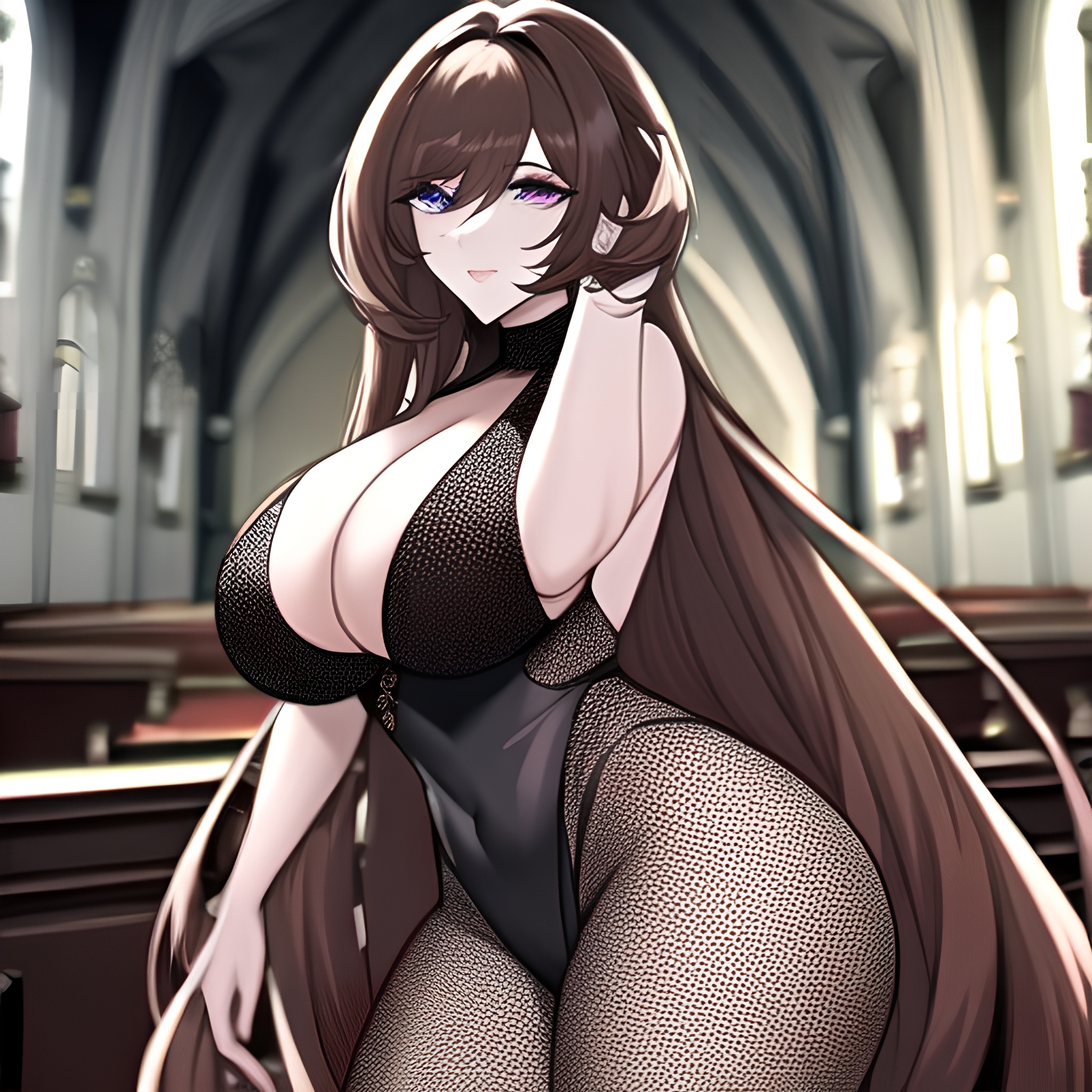 messy hair brunette long hair woman fishnet church 