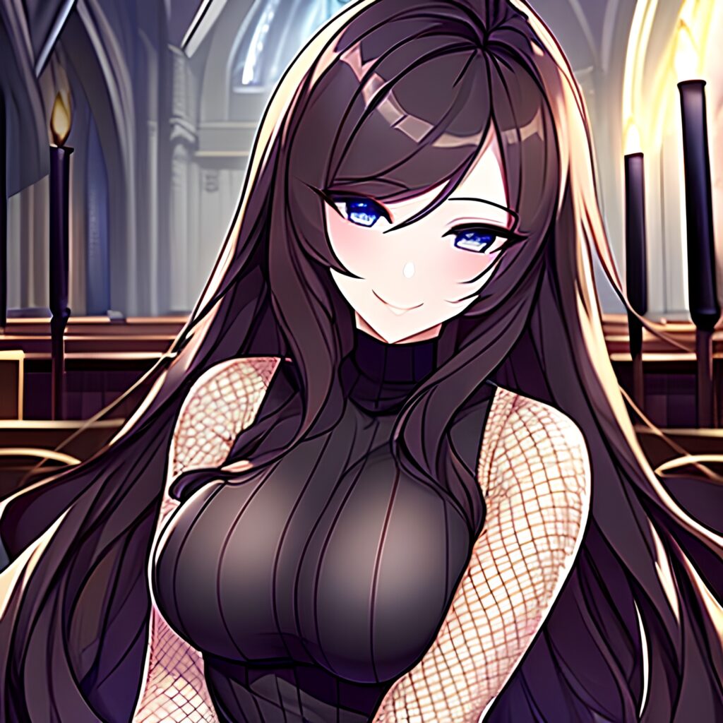 messy hair brunette woman church fishnet long hair