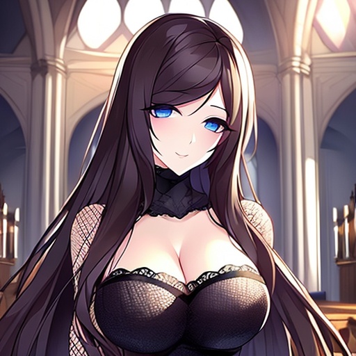 messy hair brunette woman church fishnet long hair