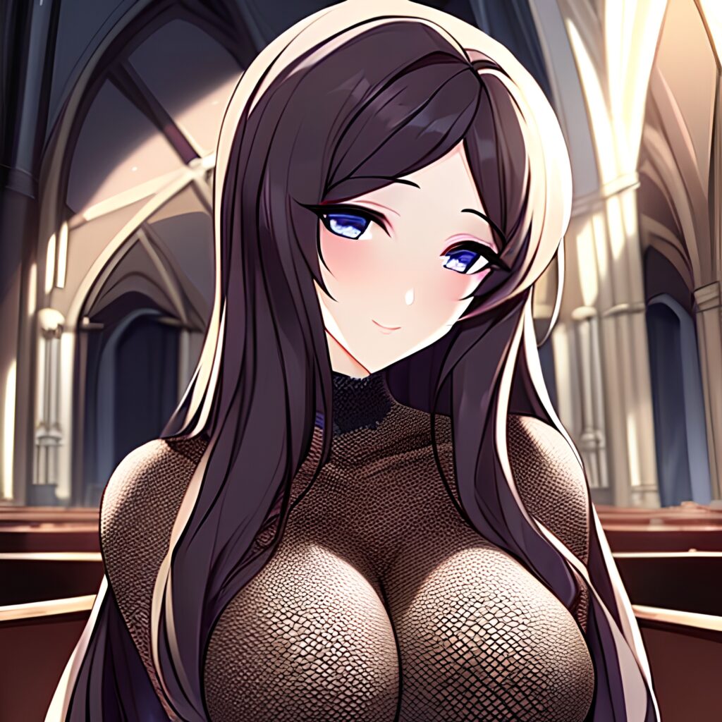 messy hair brunette woman church fishnet long hair