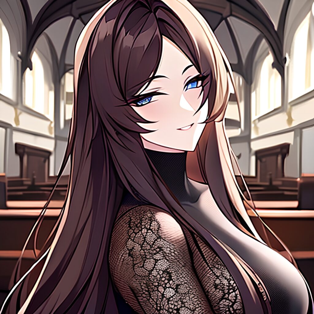 messy hair brunette woman church fishnet long hair