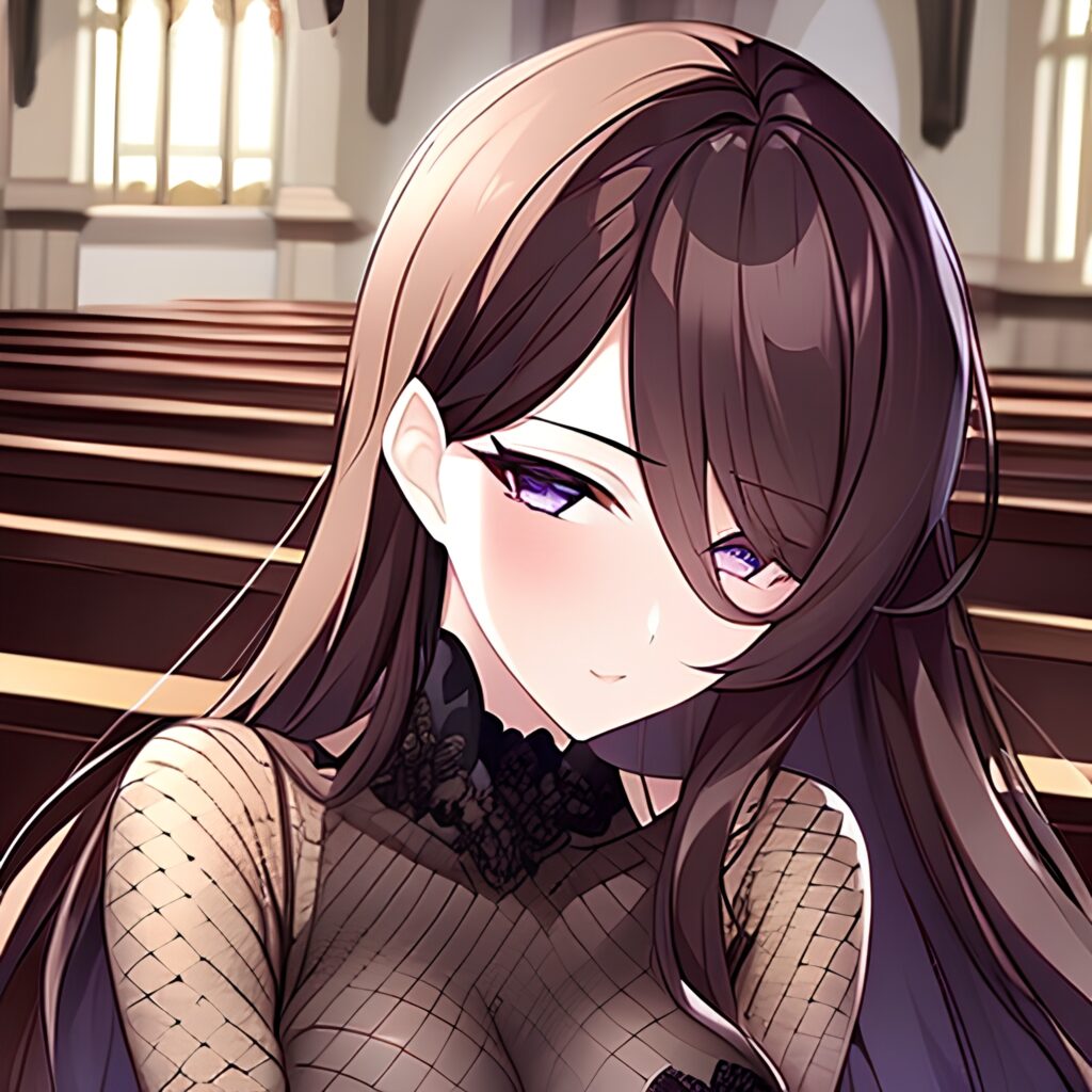 messy hair brunette woman church long hair fishnet