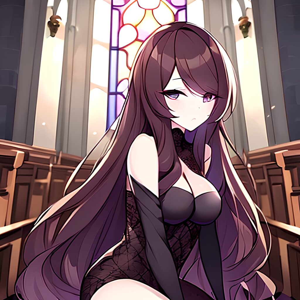 messy hair brunette woman church long hair fishnet