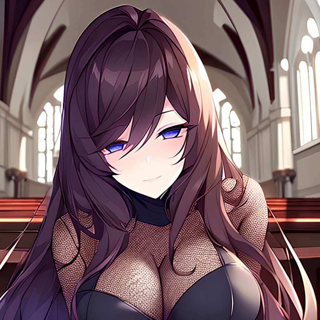 messy hair brunette woman church long hair fishnet