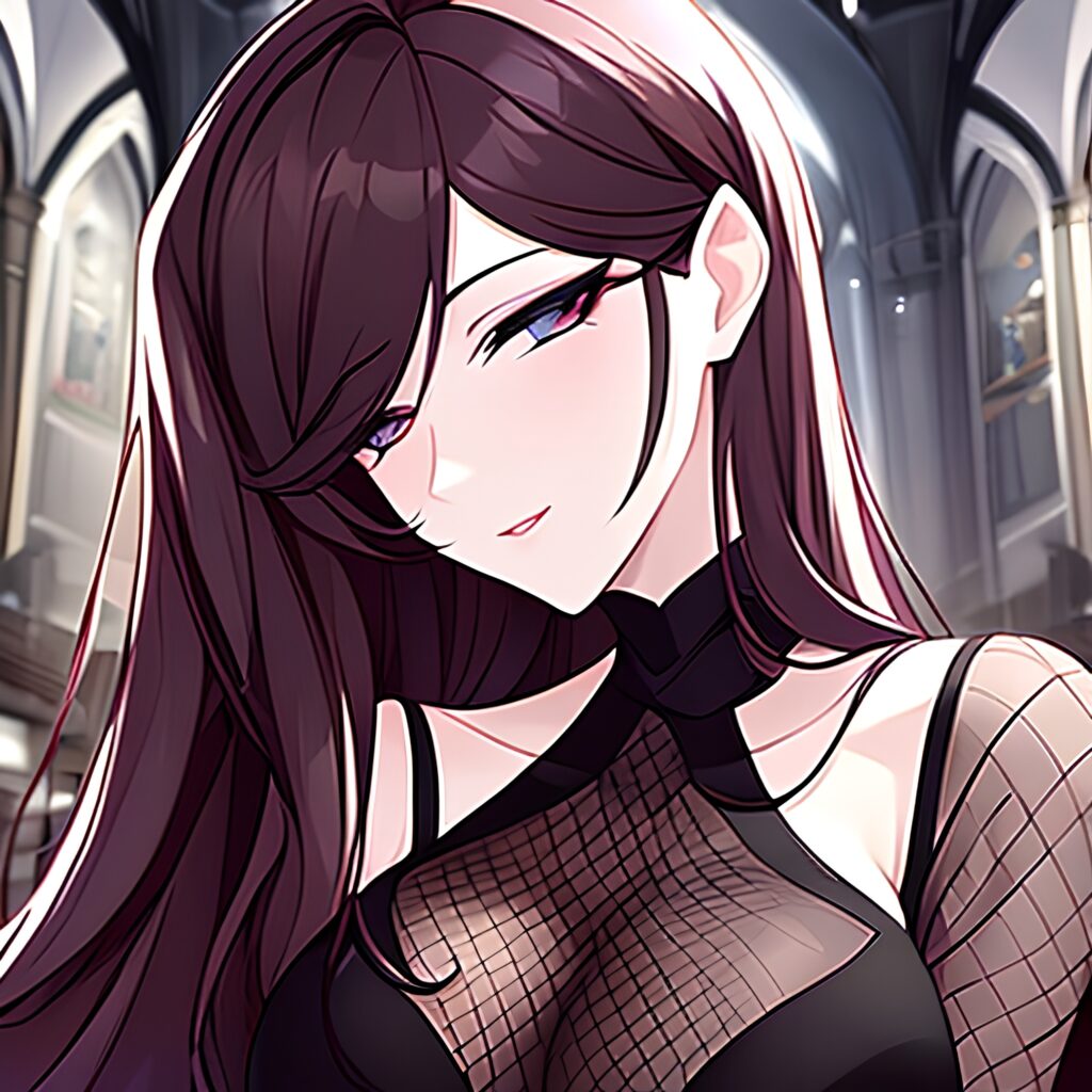 messy hair brunette woman church long hair fishnet 