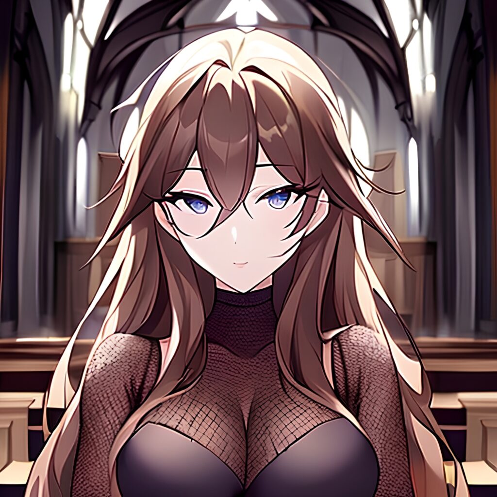 messy hair brunette woman church long hair fishnet 