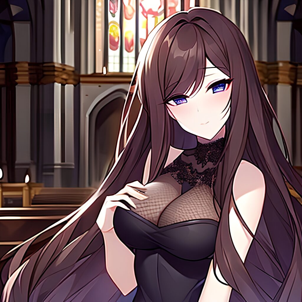 messy hair brunette woman church long hair fishnet