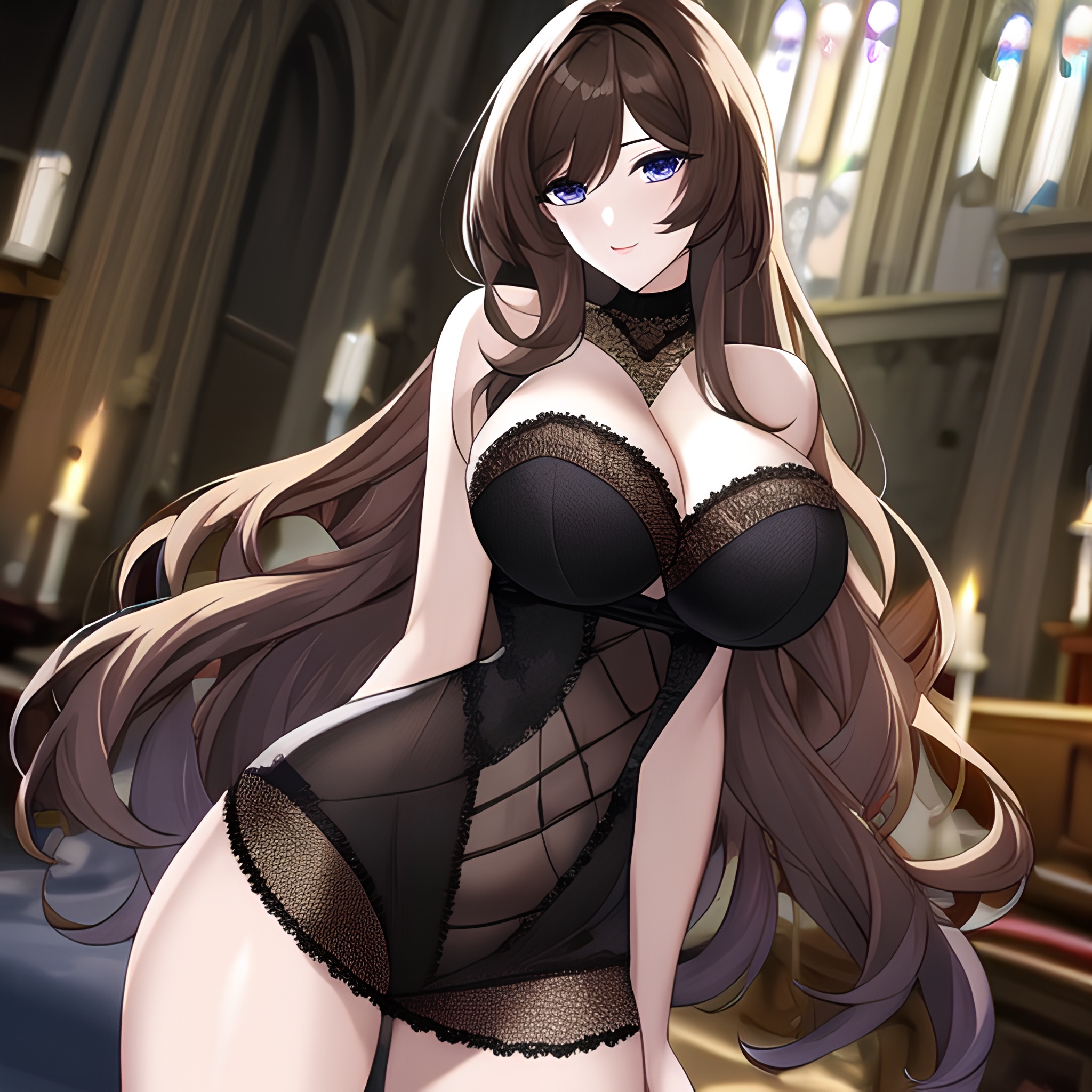 messy hair brunette woman church long hair fishnet