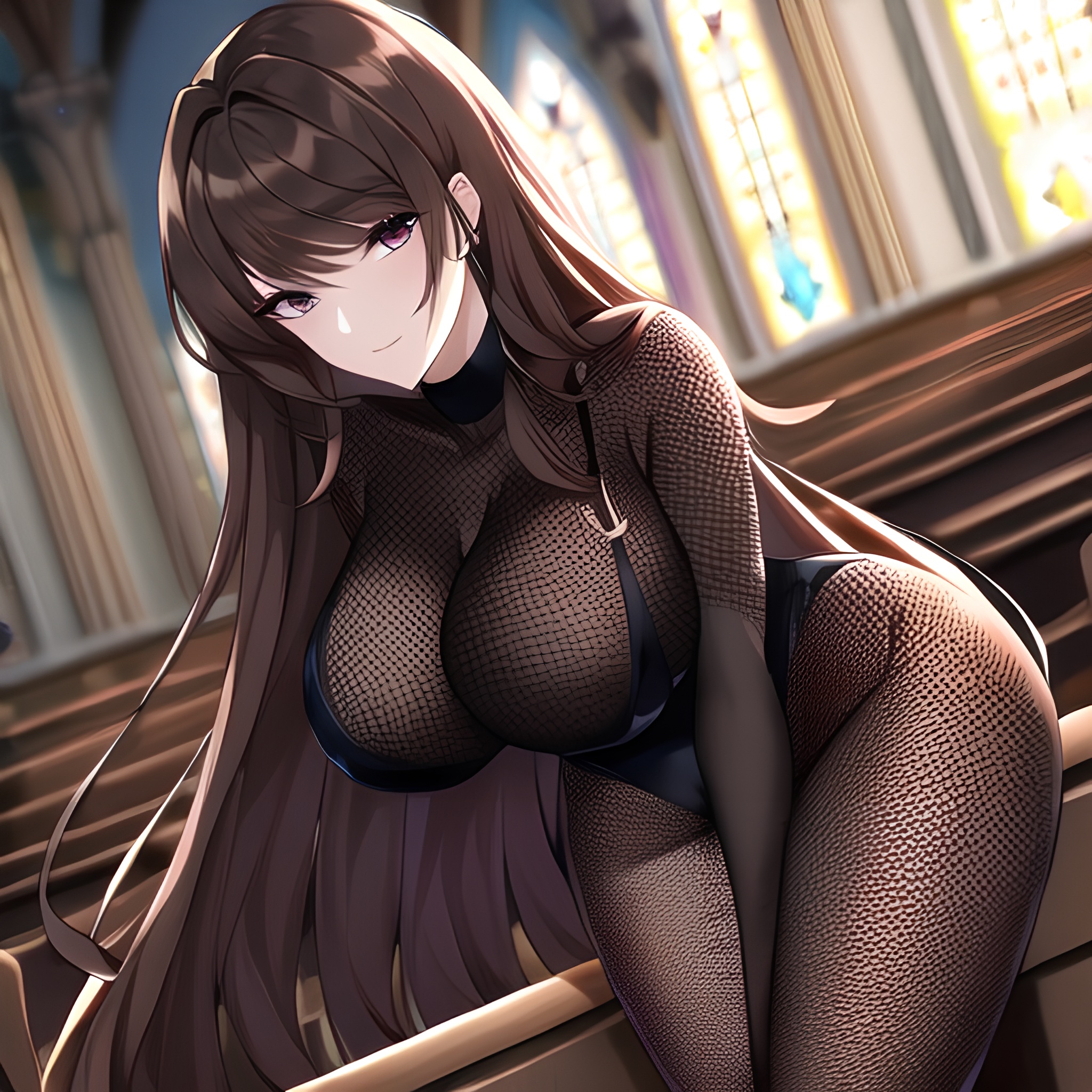 messy hair brunette woman fishnet church long hair 