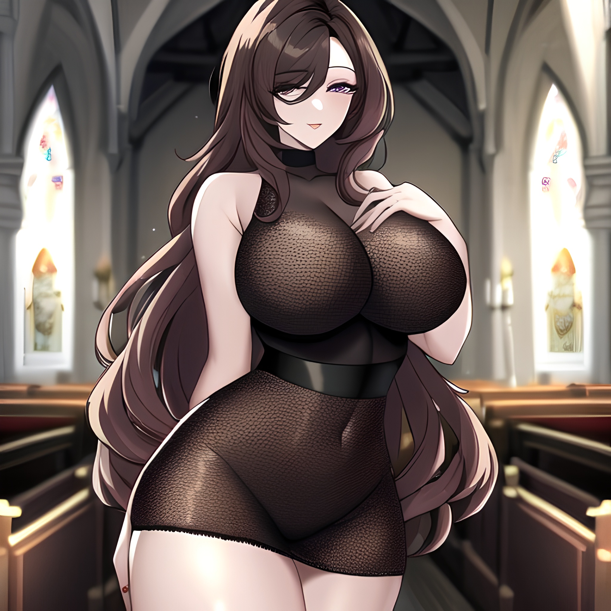 messy hair brunette woman fishnet church long hair 