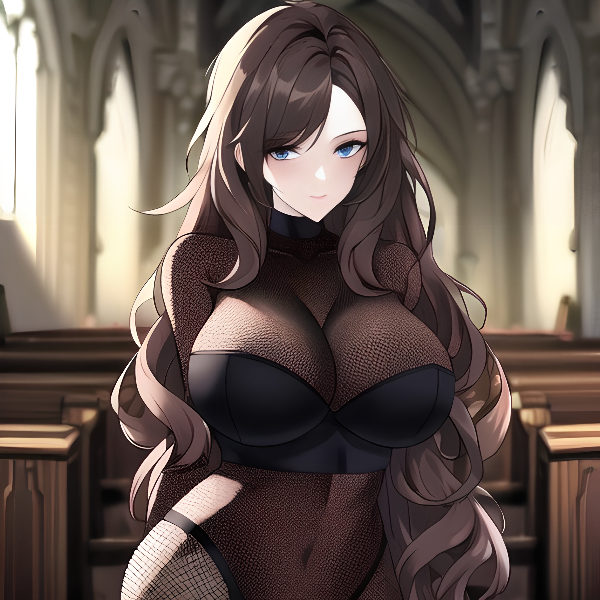 messy hair brunette woman fishnet long hair church 