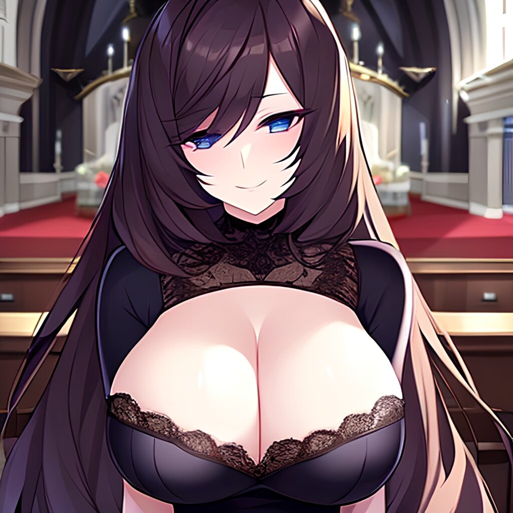 messy hair brunette woman long hair church fishnet 