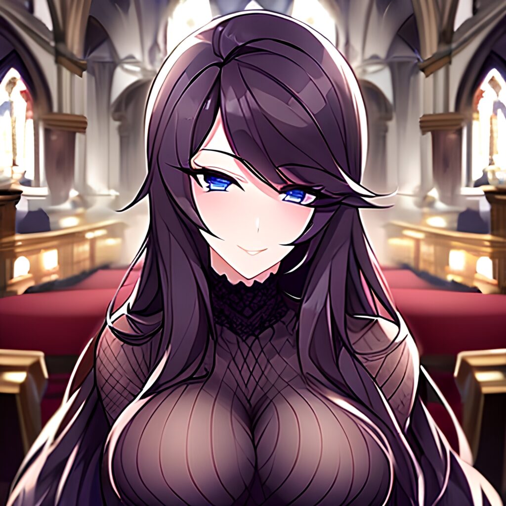 messy hair brunette woman long hair church fishnet 