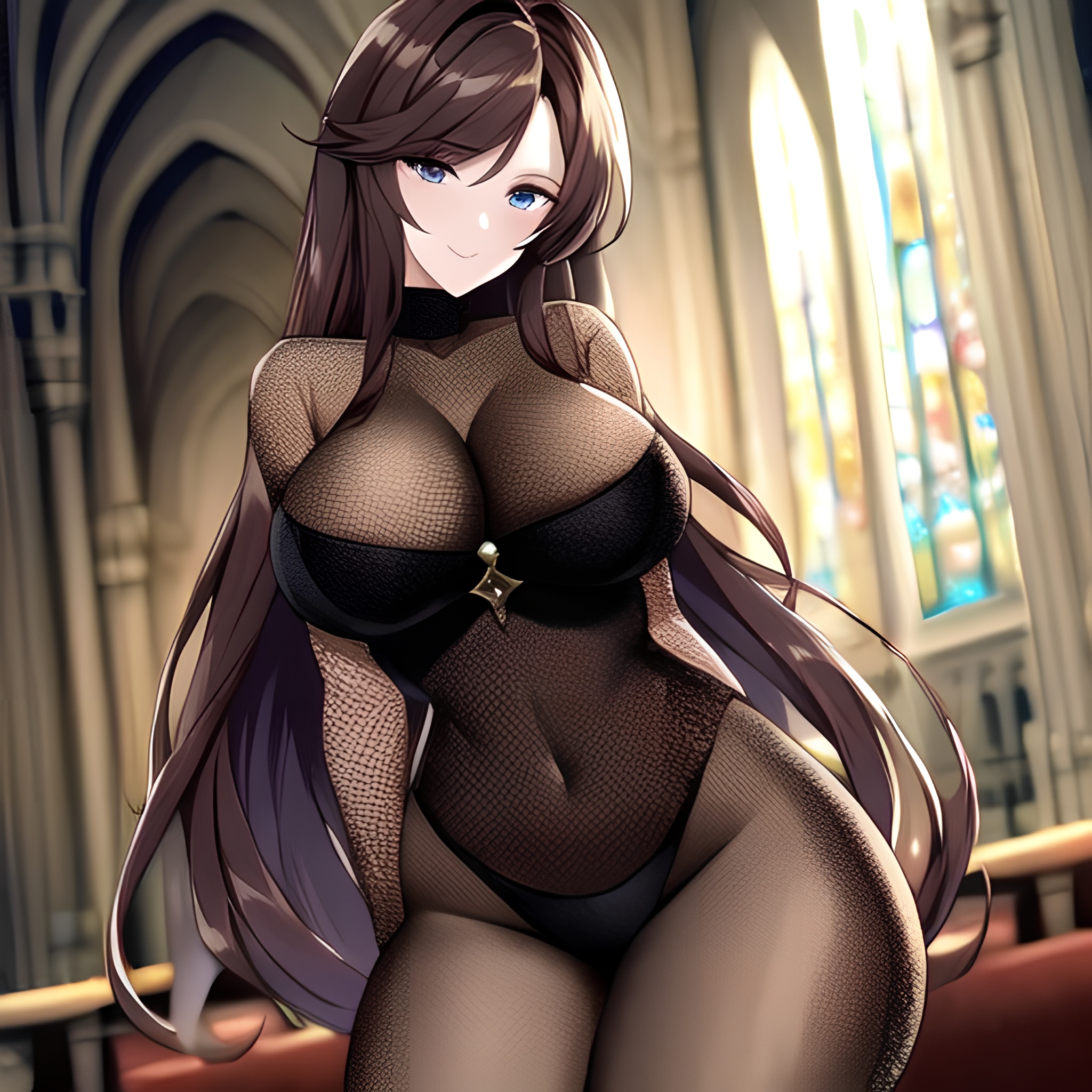 messy hair brunette woman long hair church fishnet 