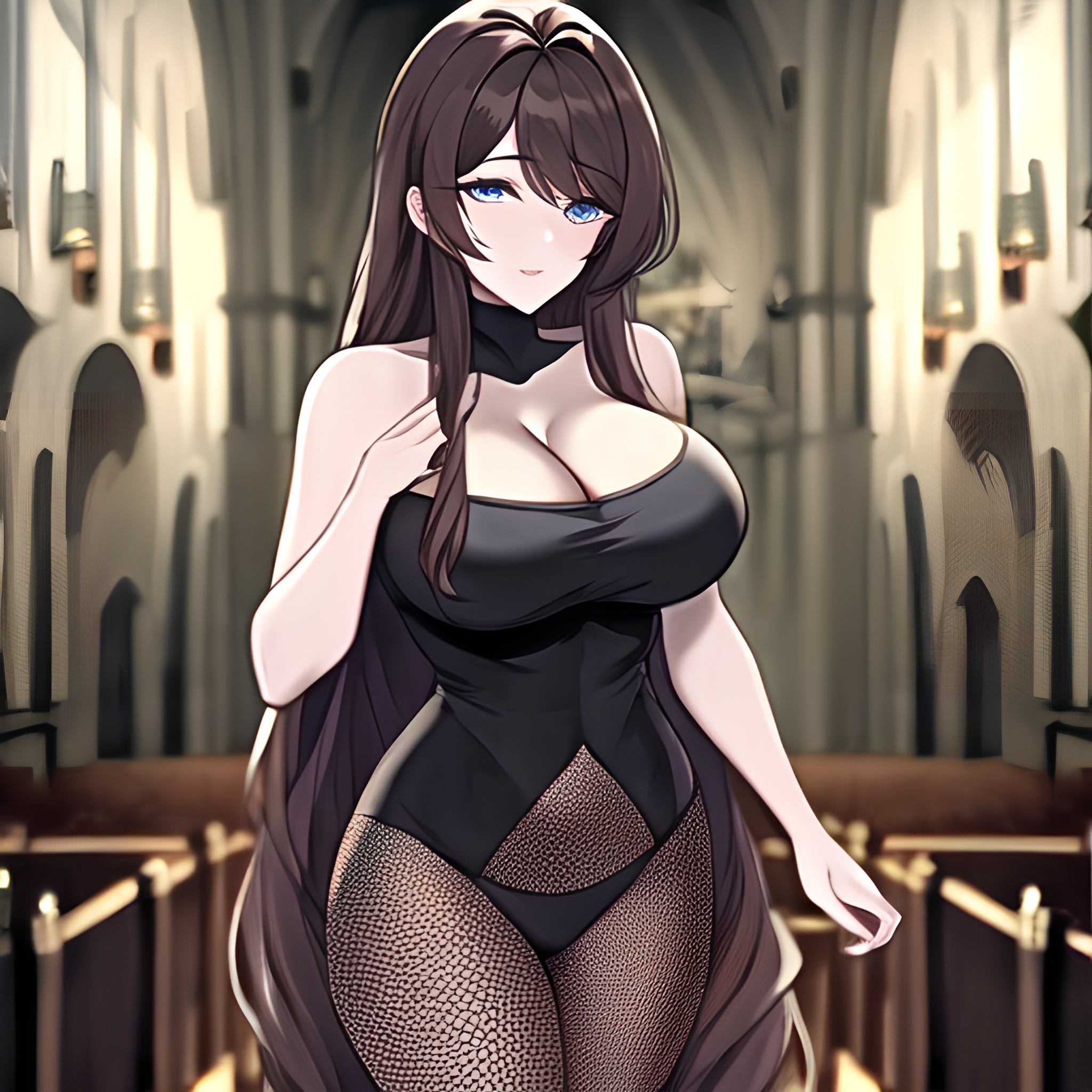 messy hair brunette woman long hair church fishnet 