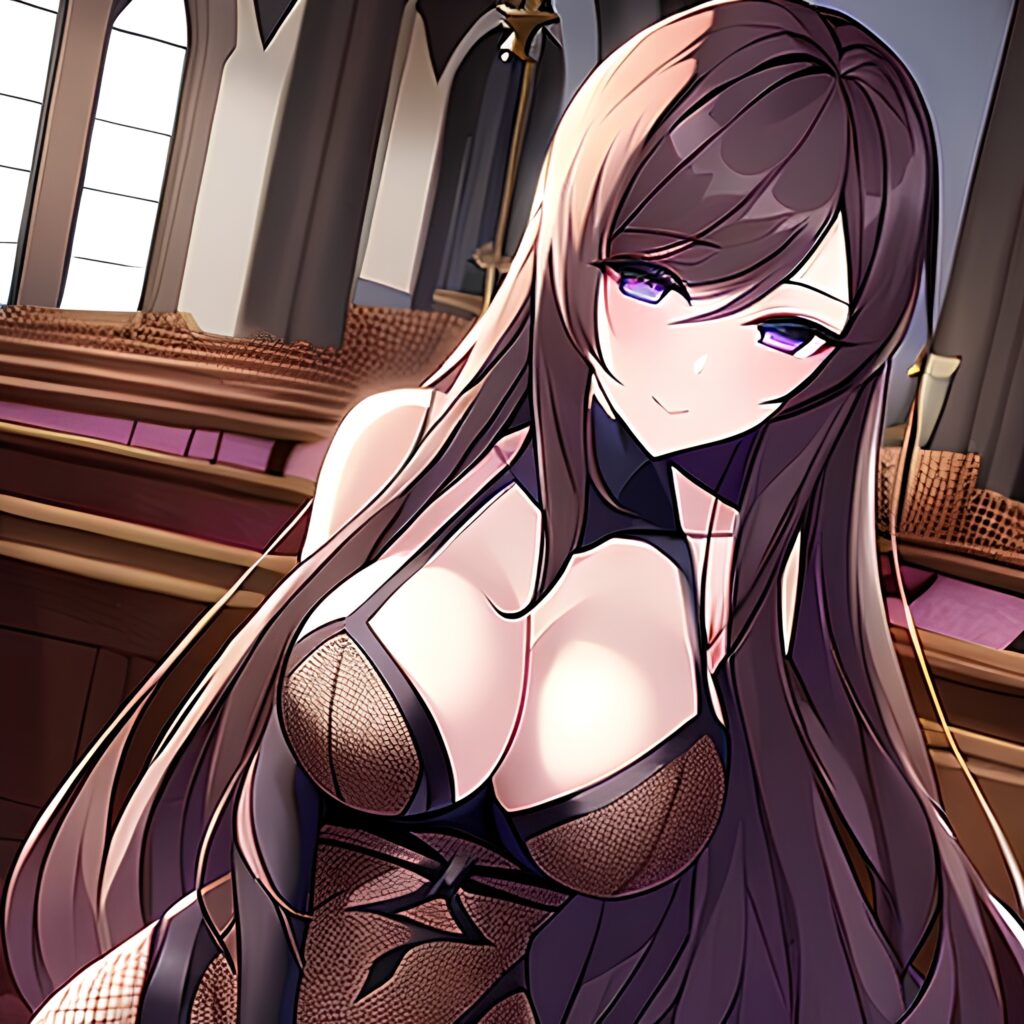 messy hair brunette woman long hair fishnet church 