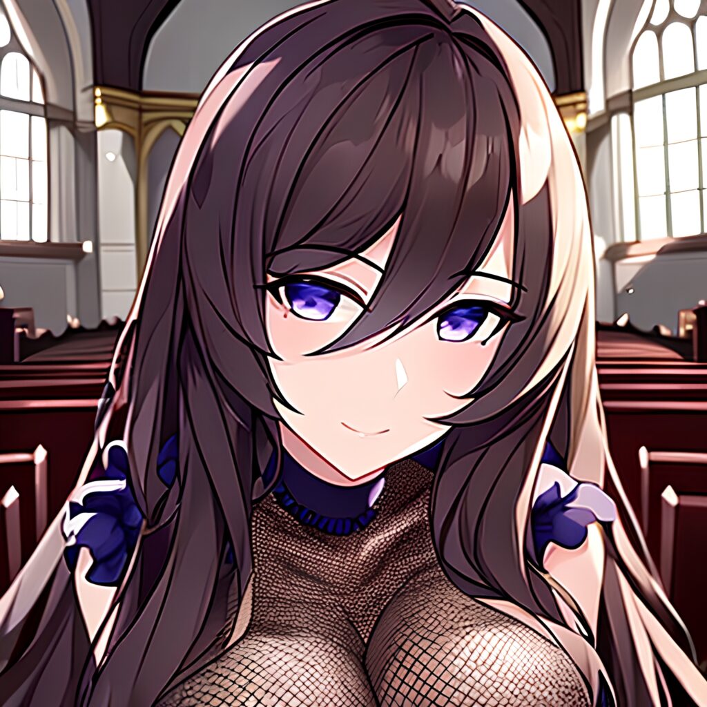 messy hair church brunette fishnet long hair woman