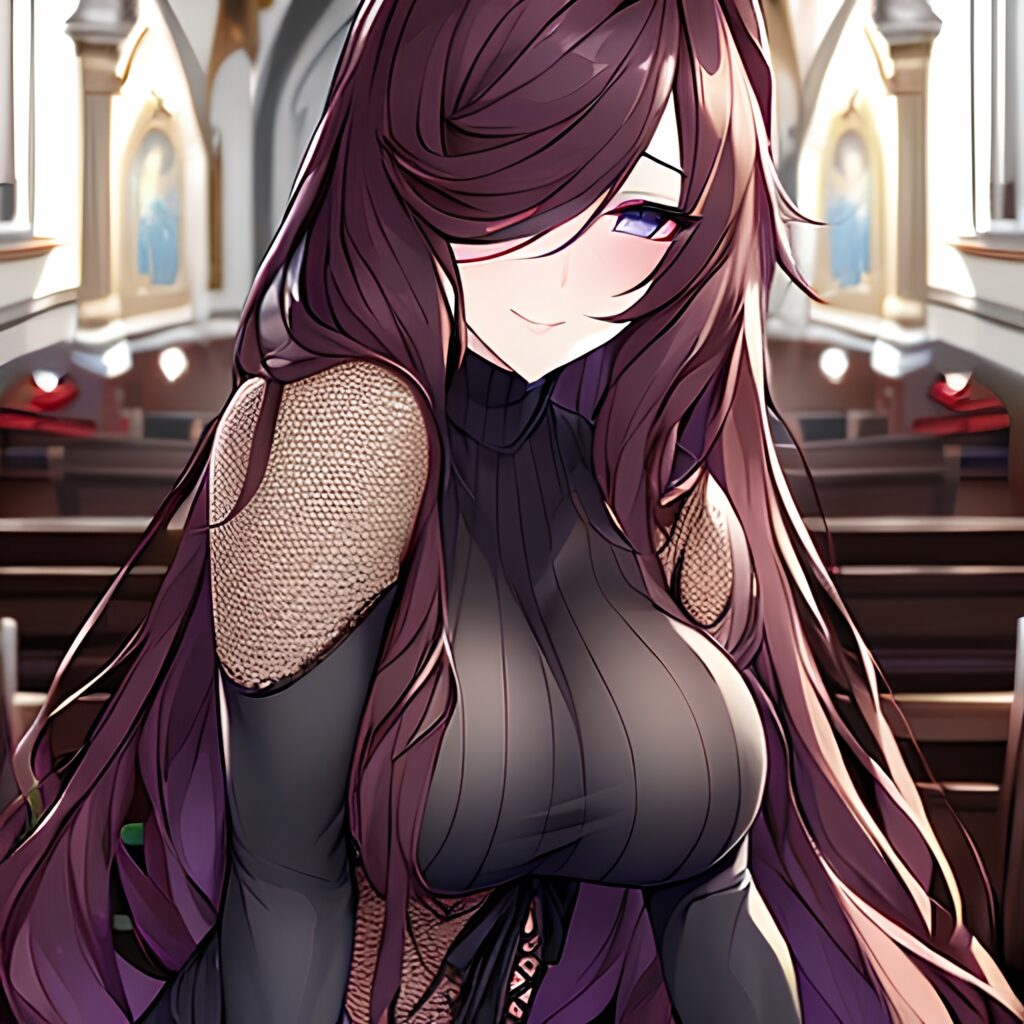 messy hair church brunette fishnet long hair woman
