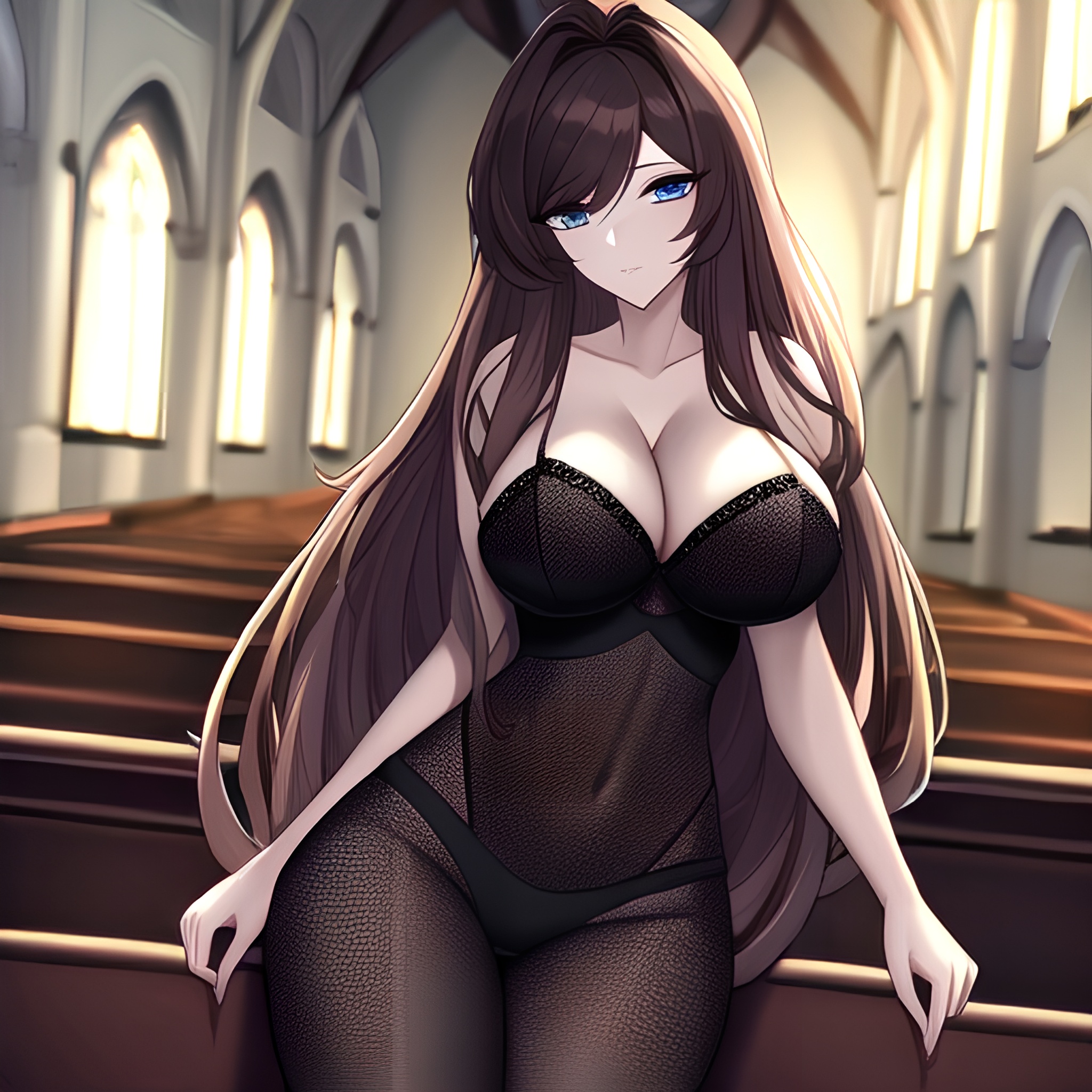 messy hair church brunette fishnet long hair woman