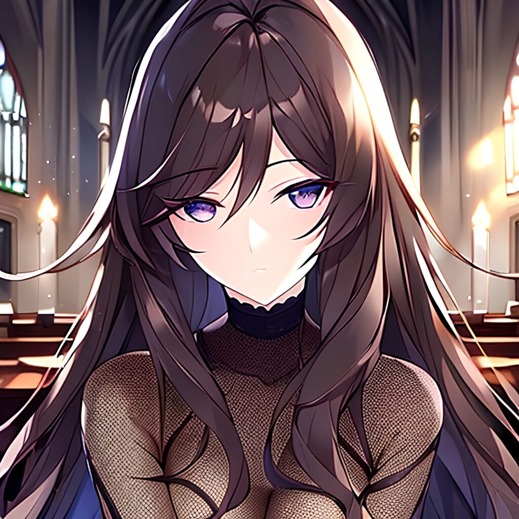 messy hair church brunette fishnet long hair woman 