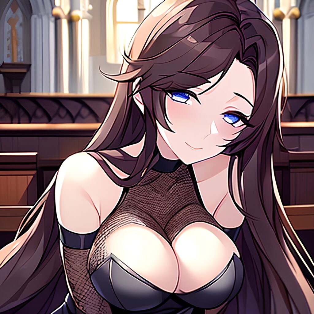 messy hair church brunette fishnet woman long hair 