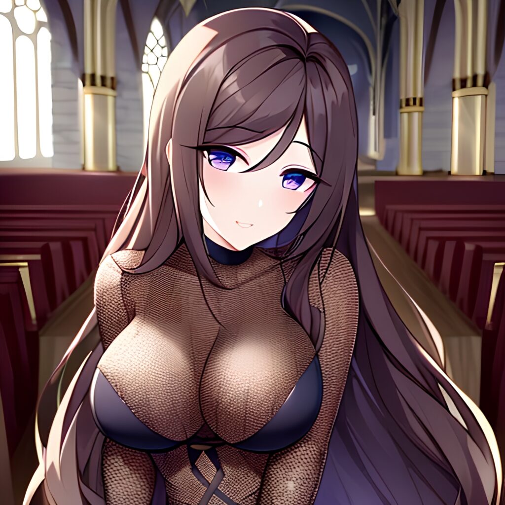 messy hair church brunette fishnet woman long hair